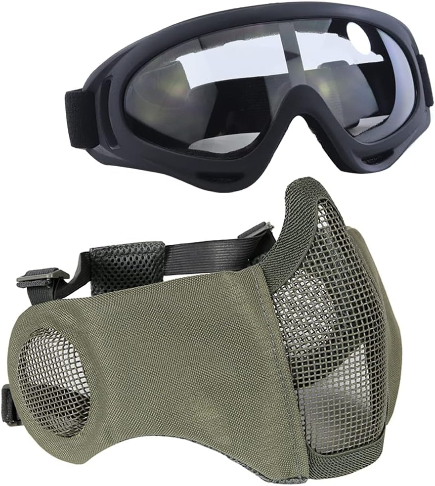 BattleMesh Airsoft Defense Set – Half Face Mesh Mask with Ear Protection & Tactical Goggles for Paintball, BB Gun, and CS Survival Games