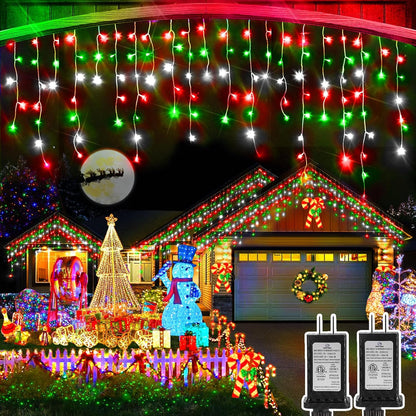 WinterGlow Cascade Ice Lights 49FT 480 LED Outdoor Icicle String Lights with 8 Modes Waterproof Timer Memory for Christmas Yard Garden Patio Decor