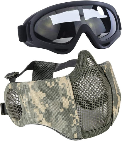 BattleMesh Airsoft Defense Set – Half Face Mesh Mask with Ear Protection & Tactical Goggles for Paintball, BB Gun, and CS Survival Games