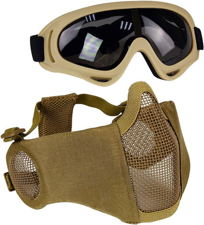 BattleMesh Airsoft Defense Set – Half Face Mesh Mask with Ear Protection & Tactical Goggles for Paintball, BB Gun, and CS Survival Games