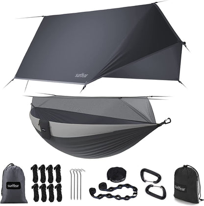 TrailNest All-in-One Camping Hammock with Net & Rain Fly – Portable Single & Double 2 Person Hammock Tent with Straps for Outdoor Hiking & Travel