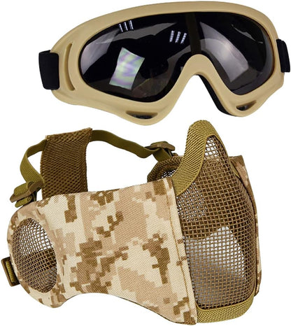 BattleMesh Airsoft Defense Set – Half Face Mesh Mask with Ear Protection & Tactical Goggles for Paintball, BB Gun, and CS Survival Games