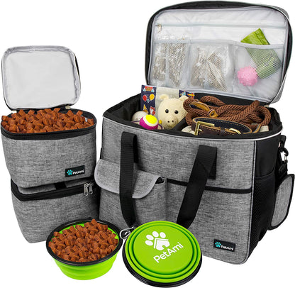 PawVoyage Dog Travel Bag Organizer – Food Storage Tote with Containers & Bowls for Weekend Trips, Camping, or Air Travel (Pink, Medium)