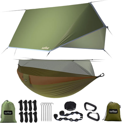TrailNest All-in-One Camping Hammock with Net & Rain Fly – Portable Single & Double 2 Person Hammock Tent with Straps for Outdoor Hiking & Travel