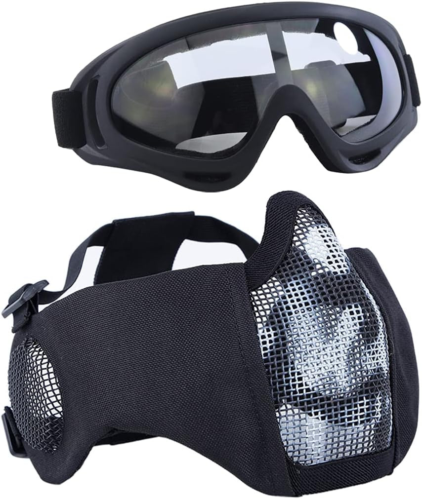 BattleMesh Airsoft Defense Set – Half Face Mesh Mask with Ear Protection & Tactical Goggles for Paintball, BB Gun, and CS Survival Games