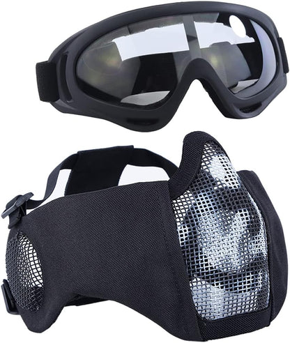 BattleMesh Airsoft Defense Set – Half Face Mesh Mask with Ear Protection & Tactical Goggles for Paintball, BB Gun, and CS Survival Games