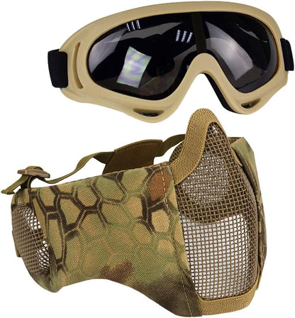 BattleMesh Airsoft Defense Set – Half Face Mesh Mask with Ear Protection & Tactical Goggles for Paintball, BB Gun, and CS Survival Games