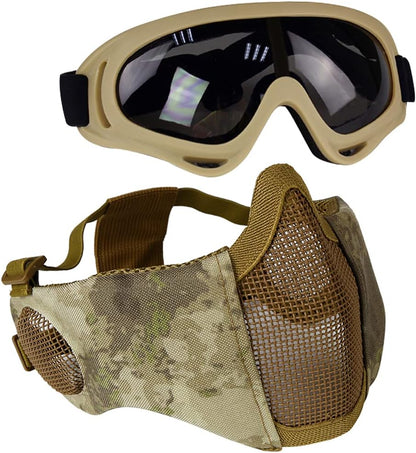 BattleMesh Airsoft Defense Set – Half Face Mesh Mask with Ear Protection & Tactical Goggles for Paintball, BB Gun, and CS Survival Games