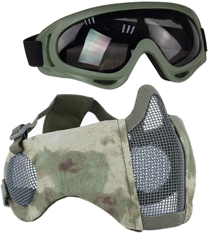 BattleMesh Airsoft Defense Set – Half Face Mesh Mask with Ear Protection & Tactical Goggles for Paintball, BB Gun, and CS Survival Games