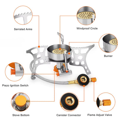 CampForge 3900W Windproof Hiking Stove – Portable Gas Burner with Piezo Ignition, Folding Design & Multi-Fuel Adapters