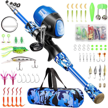 MiniCast Adventure Kids Fishing Pole Set – Telescopic Rod & Reel Combo Kit with Lures, Line, and Carry Bag for Boys, Girls & Youth