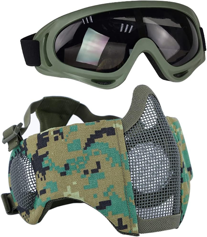 BattleMesh Airsoft Defense Set – Half Face Mesh Mask with Ear Protection & Tactical Goggles for Paintball, BB Gun, and CS Survival Games