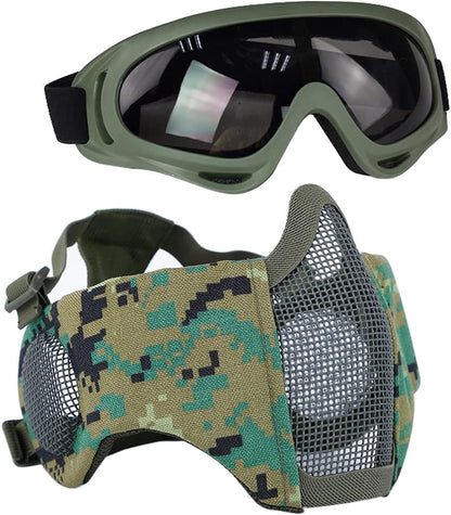 BattleMesh Airsoft Defense Set – Half Face Mesh Mask with Ear Protection & Tactical Goggles for Paintball, BB Gun, and CS Survival Games