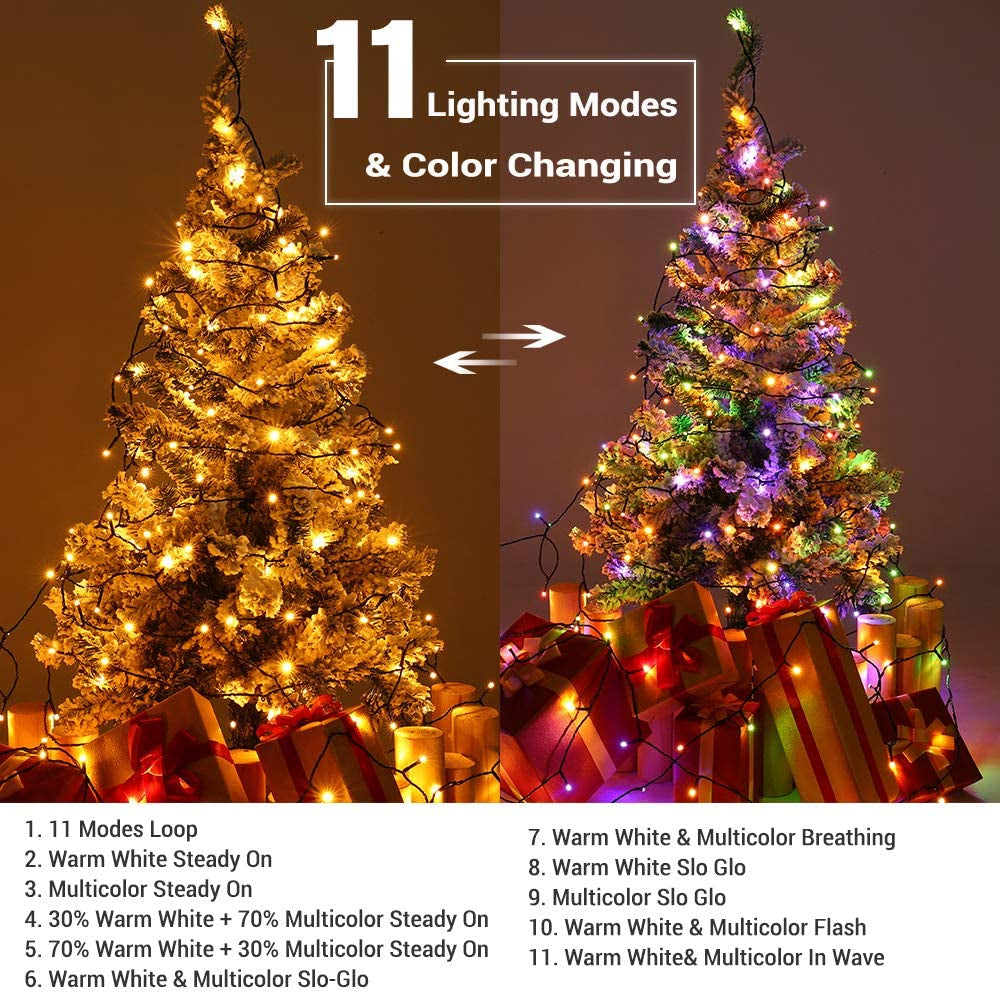 ColorWave Dual Glow Christmas Lights 65.67FT 200 LED Color Changing Tree Lights with 11 Modes Remote Connectable 29V Safe Adapter