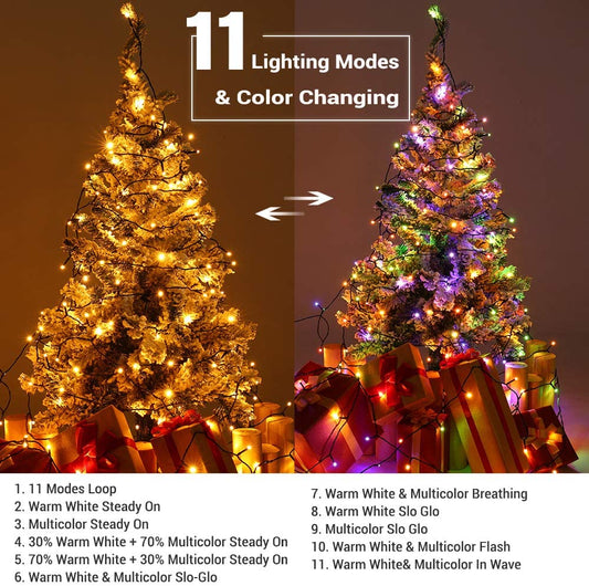 ColorWave Dual Glow Christmas Lights 65.67FT 200 LED Color Changing Tree Lights with 11 Modes Remote Connectable 29V Safe Adapter