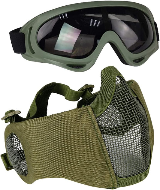 BattleMesh Airsoft Defense Set – Half Face Mesh Mask with Ear Protection & Tactical Goggles for Paintball, BB Gun, and CS Survival Games