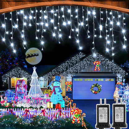 WinterGlow Cascade Ice Lights 49FT 480 LED Outdoor Icicle String Lights with 8 Modes Waterproof Timer Memory for Christmas Yard Garden Patio Decor