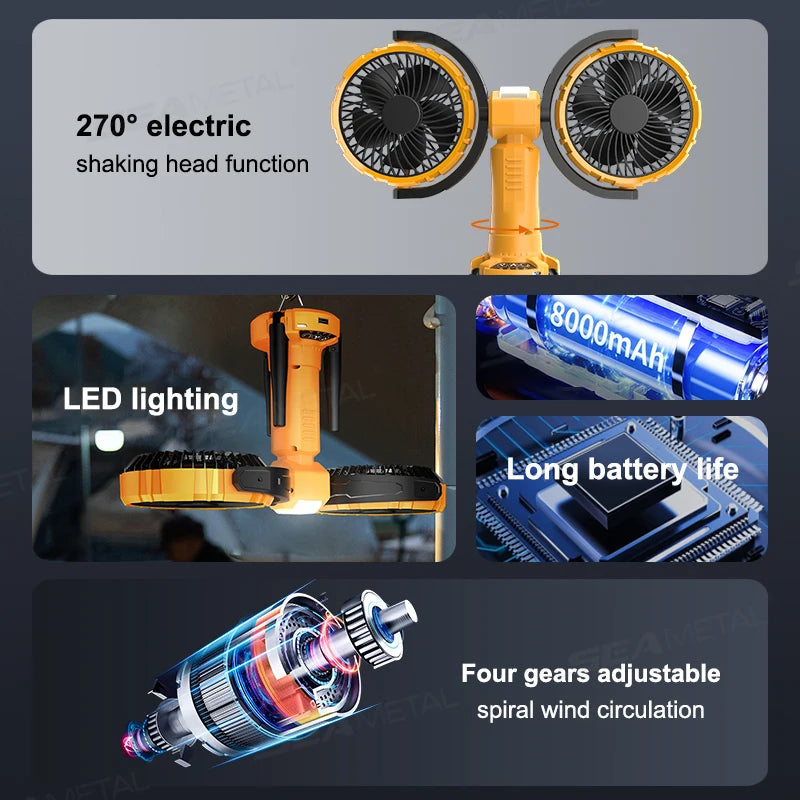BreezeMate™ 8000mAh Camping Fan – Outdoor Rechargeable Cooling Fan with LED Light, Automatic Rotation, Power Bank, Portable Tent Fan for Camping, Hiking & Travel Test