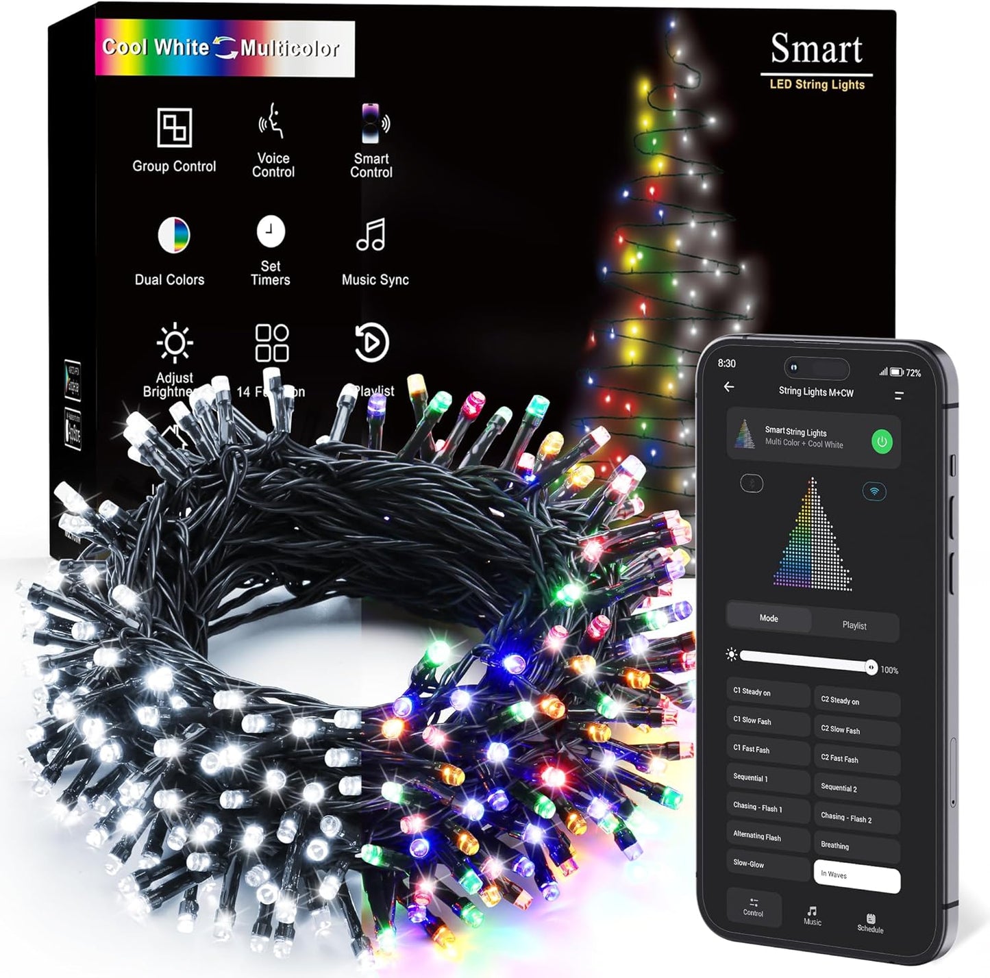 ColorWave Dual Glow Christmas Lights 65.67FT 200 LED Color Changing Tree Lights with 11 Modes Remote Connectable 29V Safe Adapter