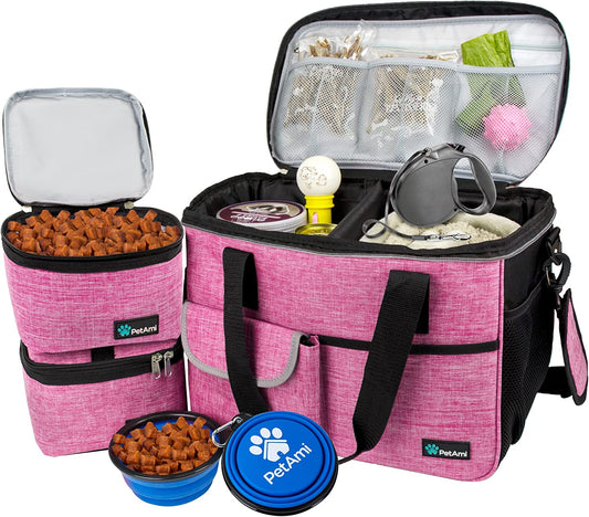 PawVoyage Dog Travel Bag Organizer – Food Storage Tote with Containers & Bowls for Weekend Trips, Camping, or Air Travel (Pink, Medium)