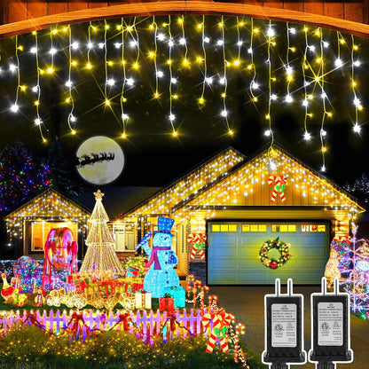 WinterGlow Cascade Ice Lights 49FT 480 LED Outdoor Icicle String Lights with 8 Modes Waterproof Timer Memory for Christmas Yard Garden Patio Decor