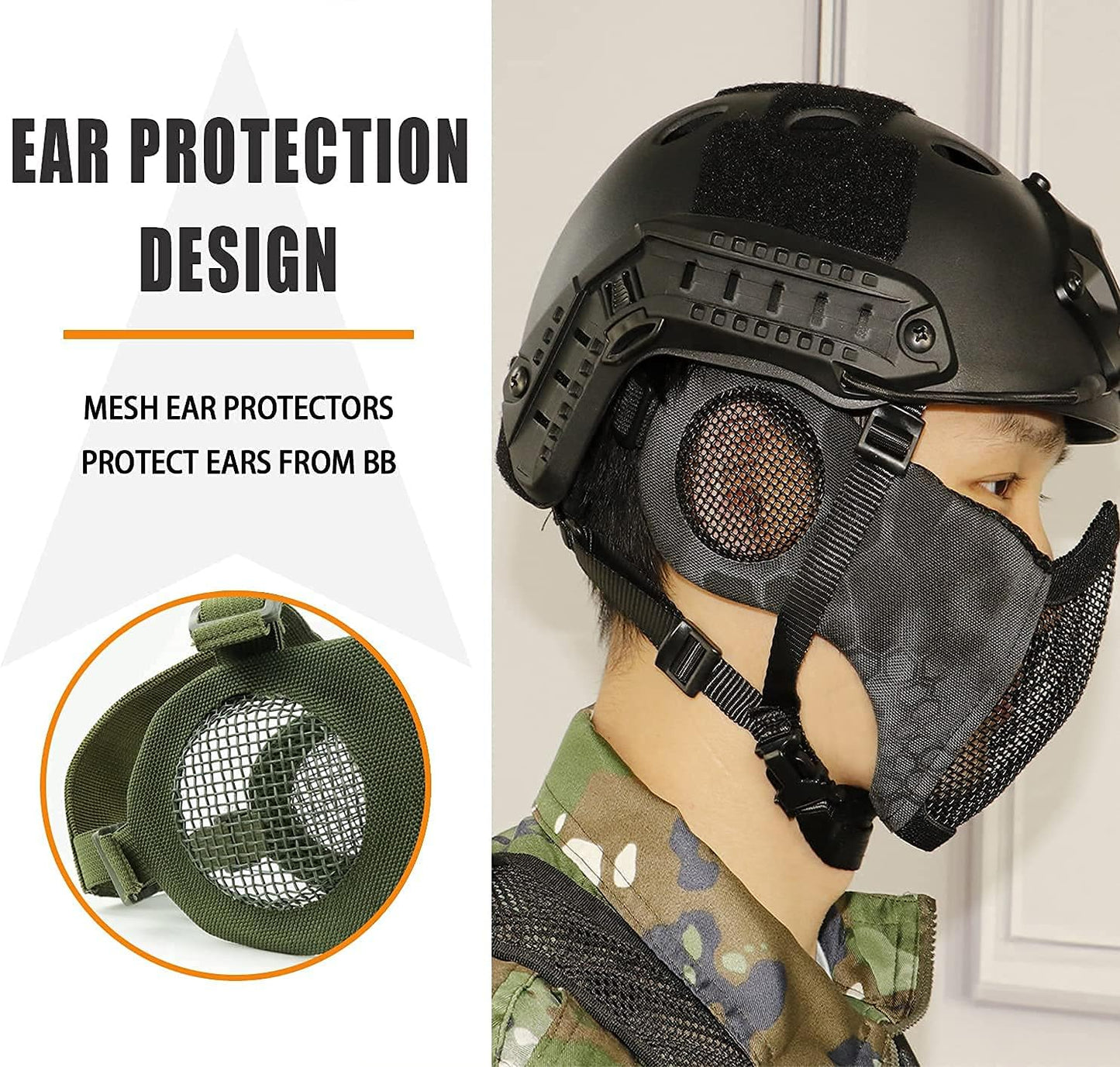 BattleMesh Airsoft Defense Set – Half Face Mesh Mask with Ear Protection & Tactical Goggles for Paintball, BB Gun, and CS Survival Games