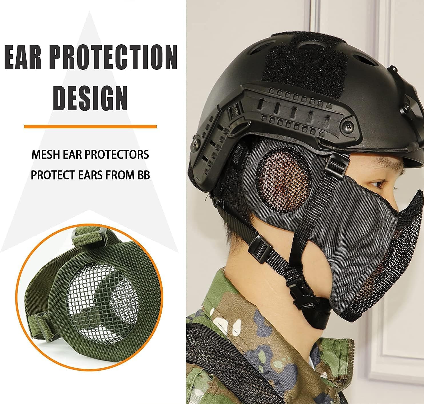 BattleMesh Airsoft Defense Set – Half Face Mesh Mask with Ear Protection & Tactical Goggles for Paintball, BB Gun, and CS Survival Games