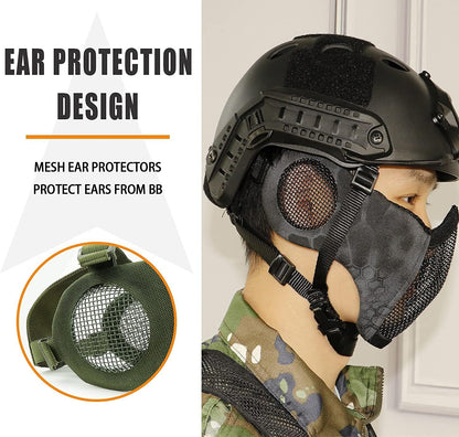 BattleMesh Airsoft Defense Set – Half Face Mesh Mask with Ear Protection & Tactical Goggles for Paintball, BB Gun, and CS Survival Games