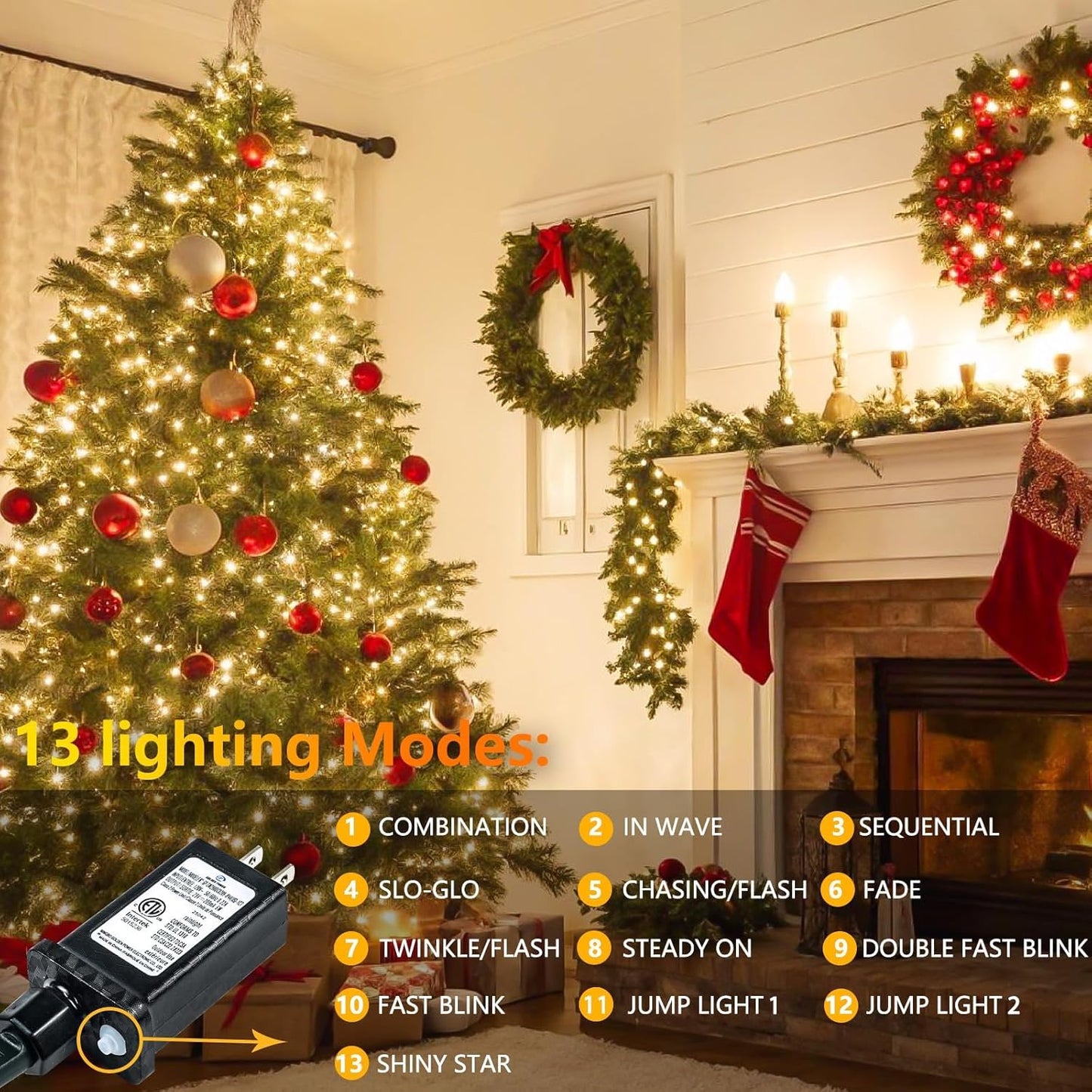 GlowLink 200 LED Connectable Christmas Lights 66FT Warm White String Lights with 13 Modes Waterproof Plug-In Fairy Lights