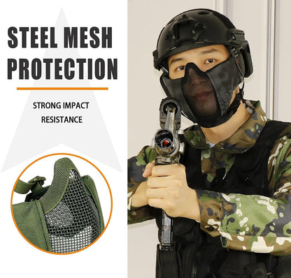 BattleMesh Airsoft Defense Set – Half Face Mesh Mask with Ear Protection & Tactical Goggles for Paintball, BB Gun, and CS Survival Games