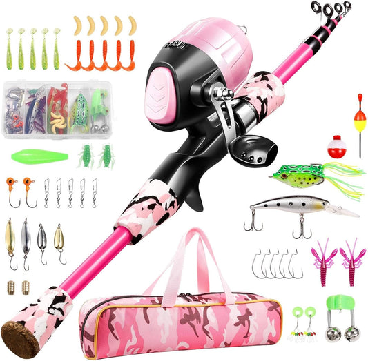 MiniCast Adventure Kids Fishing Pole Set – Telescopic Rod & Reel Combo Kit with Lures, Line, and Carry Bag for Boys, Girls & Youth