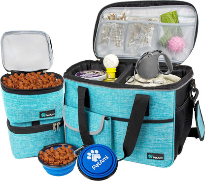 PawVoyage Dog Travel Bag Organizer – Food Storage Tote with Containers & Bowls for Weekend Trips, Camping, or Air Travel (Pink, Medium)