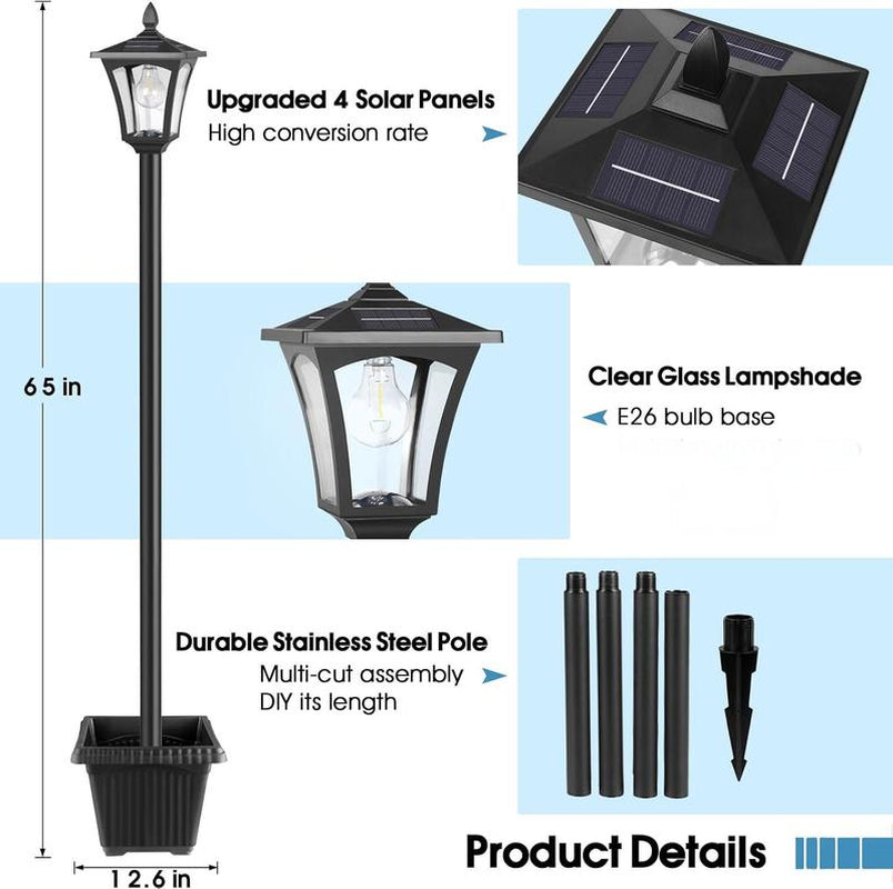 SolarBloom Lamp Post Light – 65" Solar Lamp Post with Planter 60 Lumens Glass Solar Garden Light Warm White Outdoor Waterproof