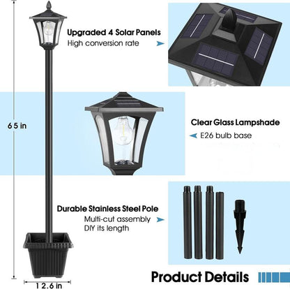 SolarBloom Lamp Post Light – 65" Solar Lamp Post with Planter 60 Lumens Glass Solar Garden Light Warm White Outdoor Waterproof