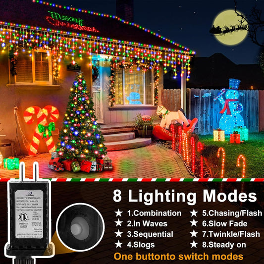 WinterGlow Cascade Ice Lights 49FT 480 LED Outdoor Icicle String Lights with 8 Modes Waterproof Timer Memory for Christmas Yard Garden Patio Decor