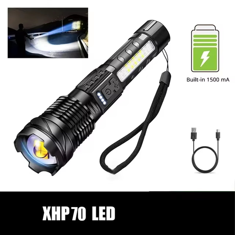 Powerful XHP50 LED Flashlight – Waterproof USB Rechargeable Torch with Zoom, Side Light, 7 Modes for Camping, Fishing, Emergency Use