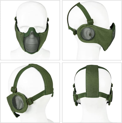 BattleMesh Airsoft Defense Set – Half Face Mesh Mask with Ear Protection & Tactical Goggles for Paintball, BB Gun, and CS Survival Games