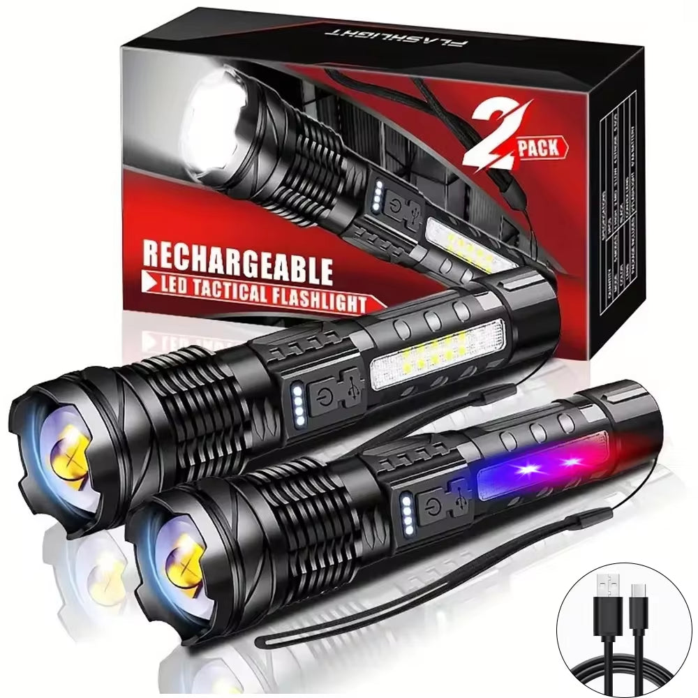 Powerful XHP50 LED Flashlight – Waterproof USB Rechargeable Torch with Zoom, Side Light, 7 Modes for Camping, Fishing, Emergency Use