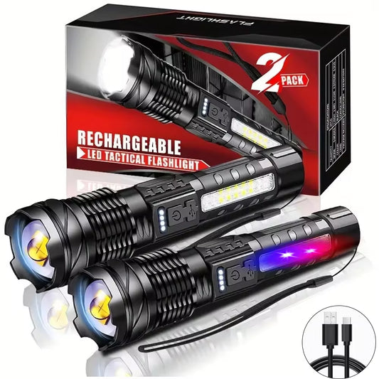 Powerful XHP50 LED Flashlight – Waterproof USB Rechargeable Torch with Zoom, Side Light, 7 Modes for Camping, Fishing, Emergency Use